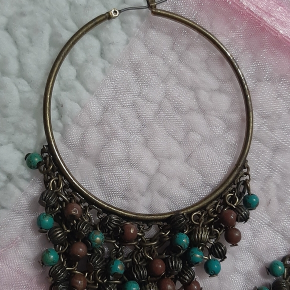 Lg. Hoop earrings with turquoise and brown beads - Picture 3 of 3